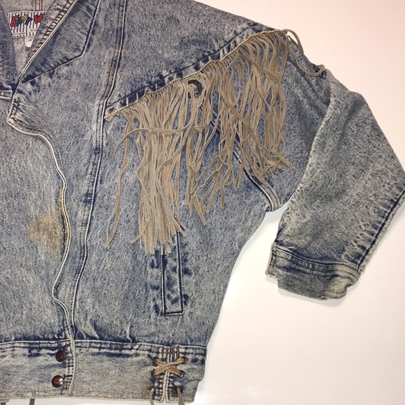 East West Acid Washed Fringed Denim Jacket Vintage Size Medium Distressed - Picture 3 of 14